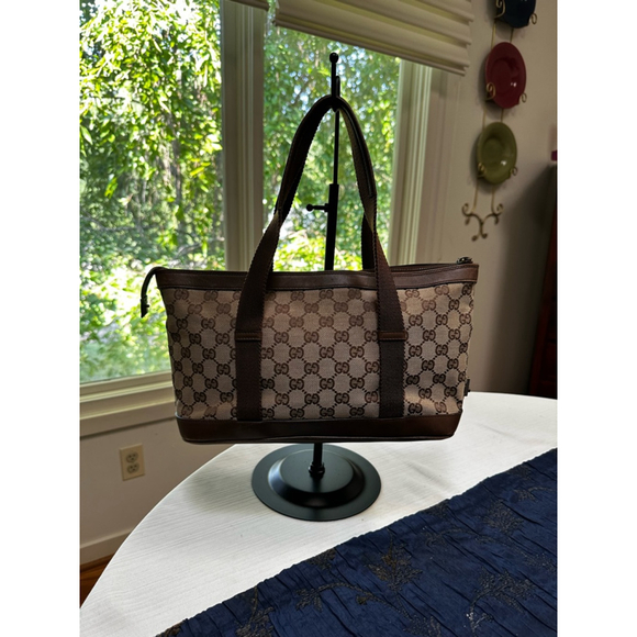 Gucci Handbags - Gucci Beige Brown Canvas & Leather Small Tote Bag